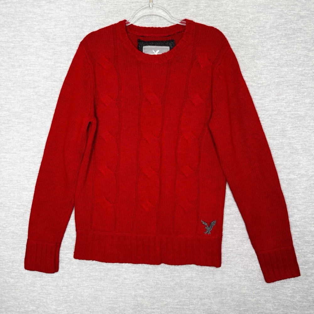American Eagle Y2K Wool Cashmere Cable Knit‎ Sweater Red Mens Size Medium Muscle